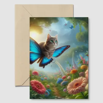 Cat Butterfly Wings Flying Over Fantasy Garden