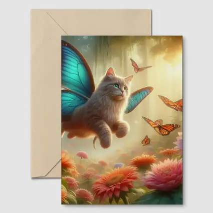 Fantasy Cat Butterfly Wings Floral Forest