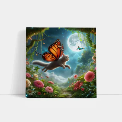 Gray Cat Butterfly Wings Fantasy Moon Garden