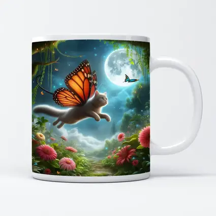 Gray Cat Butterfly Wings Fantasy Moon Garden