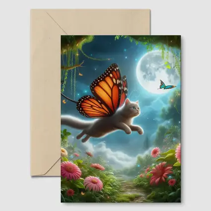 Gray Cat Butterfly Wings Fantasy Moon Garden