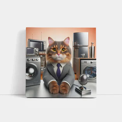 Gray Cat in Suit Surrounded by Appliances