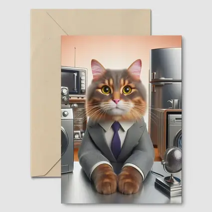 Gray Cat in Suit Surrounded by Appliances