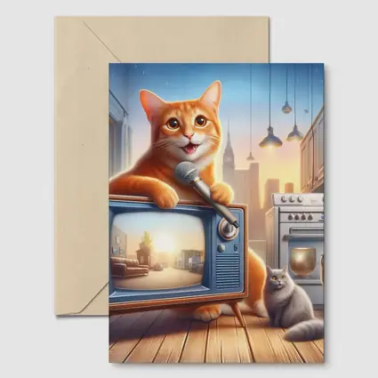 Orange Tabby Cat Singing Retro TV Kitchen
