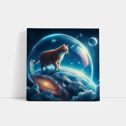 Orange Cat Standing on Cosmic Planet Space