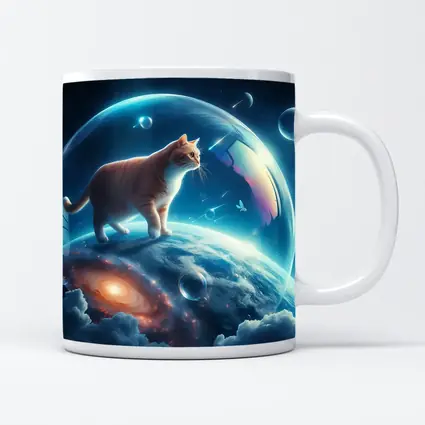 Orange Cat Standing on Cosmic Planet Space