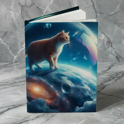 Orange Cat Standing on Cosmic Planet Space
