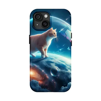 Orange Cat Standing on Cosmic Planet Space