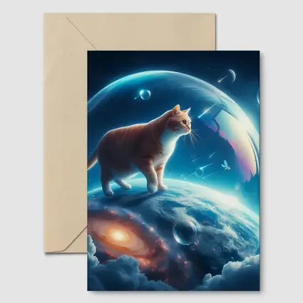 Orange Cat Standing on Cosmic Planet Space