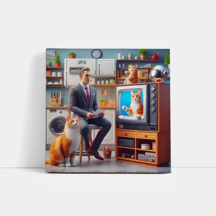 Ginger Cat Man Retro Kitchen Scene