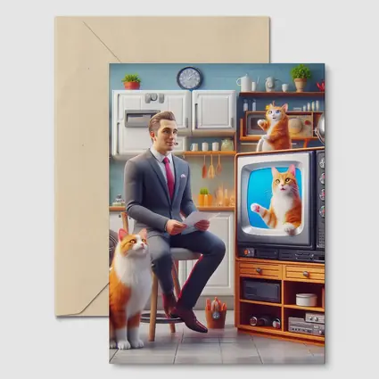 Ginger Cat Man Retro Kitchen Scene