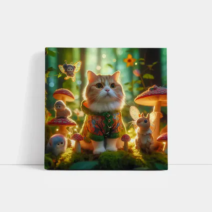 Cute Cat Fairy Forest Mushroom Fantasy Scene