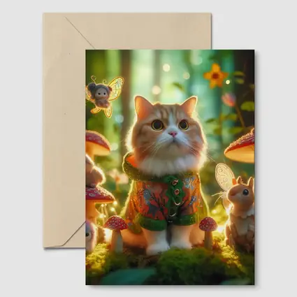 Cute Cat Fairy Forest Mushroom Fantasy Scene