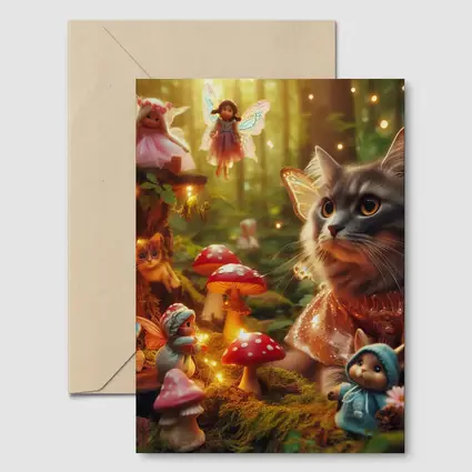 Gray Cat Fairy Enchanted Forest Fantasy Scene