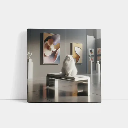 White Cat Sitting in Modern Art Gallery