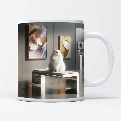 White Cat Sitting in Modern Art Gallery
