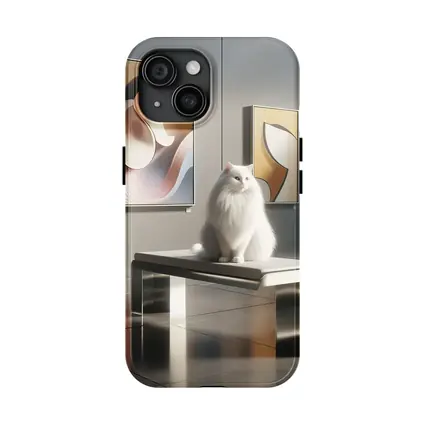 White Cat Sitting in Modern Art Gallery
