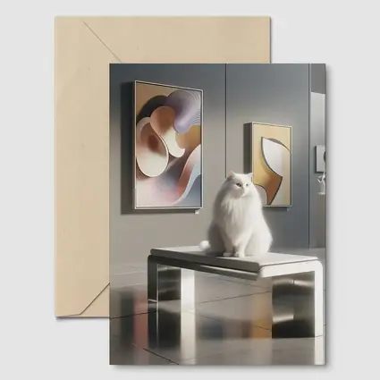 White Cat Sitting in Modern Art Gallery