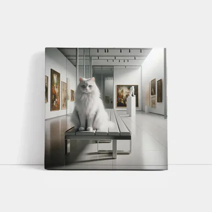 White Cat Sitting in Art Gallery