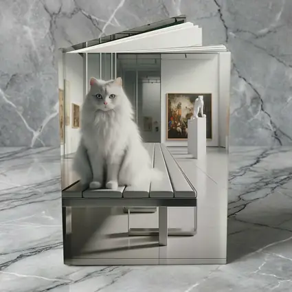 White Cat Sitting in Art Gallery