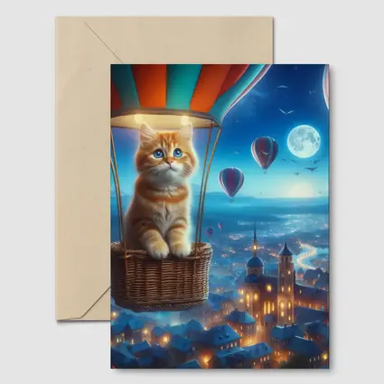 Ginger Kitten Hot Air Balloon Night City