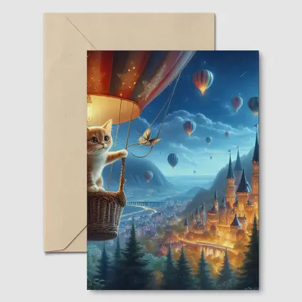 Kitten Hot Air Balloon Fantasy Castle Night