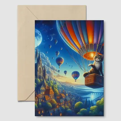 Cat Hot Air Balloon Fantasy Night Sky