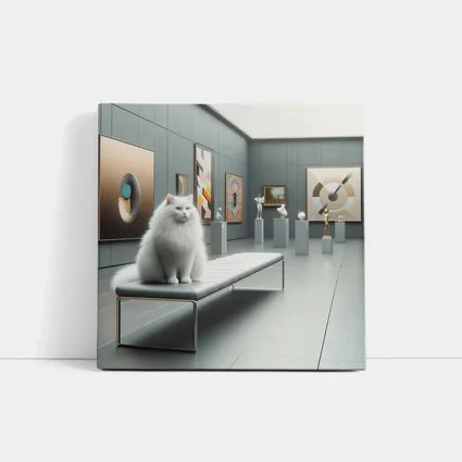 White Cat Sitting In Modern Art Gallery
