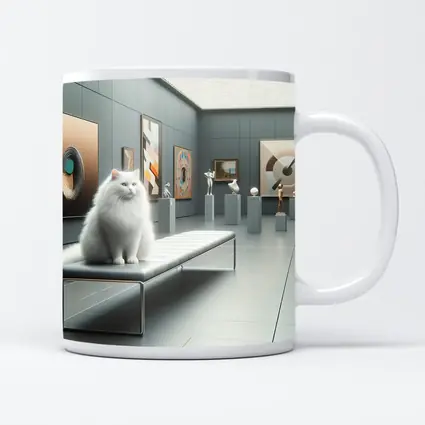 White Cat Sitting In Modern Art Gallery