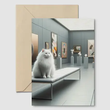 White Cat Sitting In Modern Art Gallery