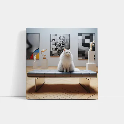 White Cat Sitting in Modern Art Gallery