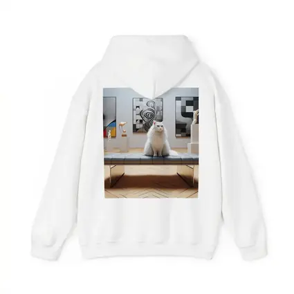 White Cat Sitting in Modern Art Gallery