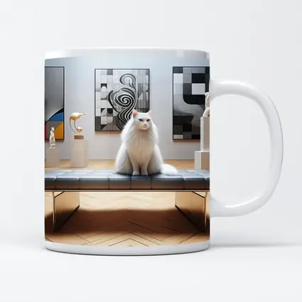 White Cat Sitting in Modern Art Gallery