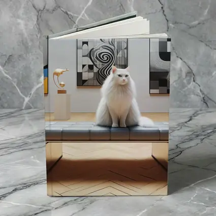White Cat Sitting in Modern Art Gallery