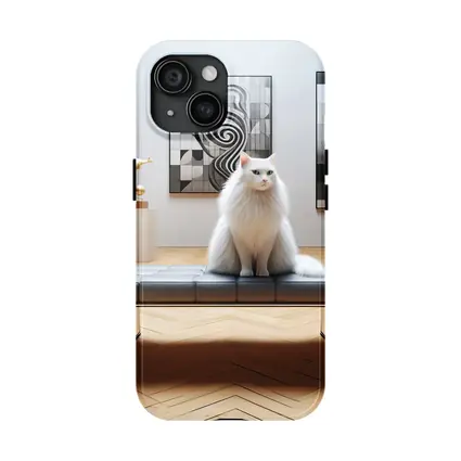 White Cat Sitting in Modern Art Gallery