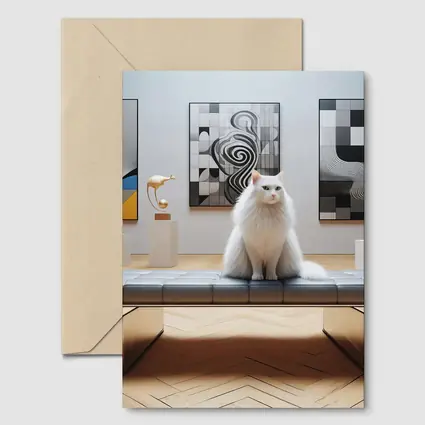 White Cat Sitting in Modern Art Gallery