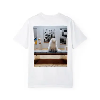 White Cat Sitting in Modern Art Gallery