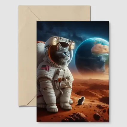 Cat Astronaut Standing On Mars Red Planet
