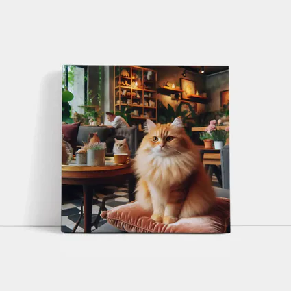Fluffy Orange Cat Sitting Cozy Cafe Interior