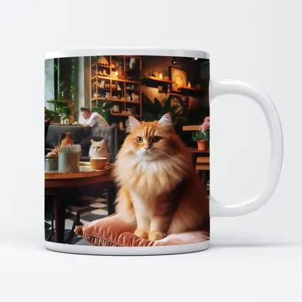 Fluffy Orange Cat Sitting Cozy Cafe Interior