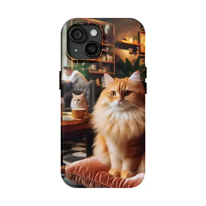 Fluffy Orange Cat Sitting Cozy Cafe Interior