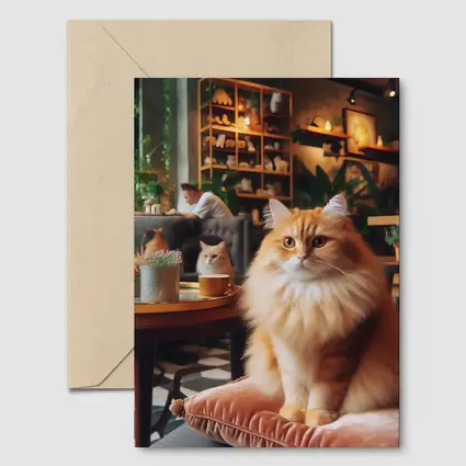 Fluffy Orange Cat Sitting Cozy Cafe Interior