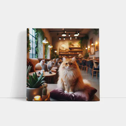 Fluffy Orange Cat Sitting In Cozy Cafe