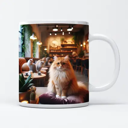 Fluffy Orange Cat Sitting In Cozy Cafe
