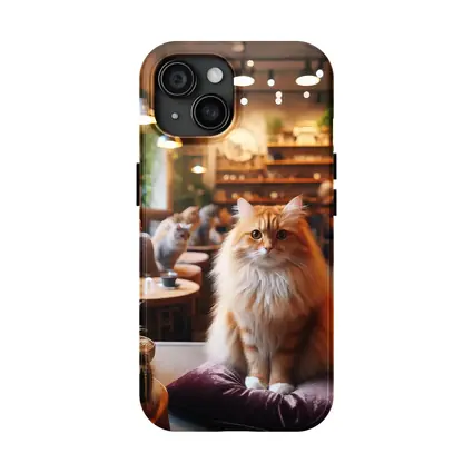 Fluffy Orange Cat Sitting In Cozy Cafe
