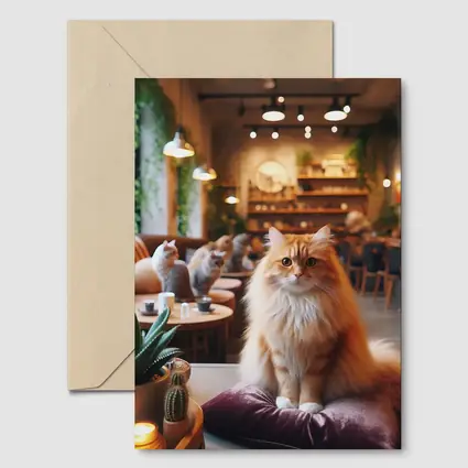 Fluffy Orange Cat Sitting In Cozy Cafe