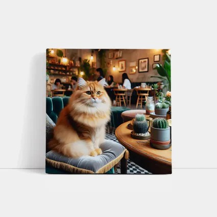 Fluffy Orange Cat Sitting In Cozy Cafe