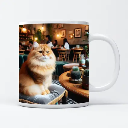 Fluffy Orange Cat Sitting In Cozy Cafe
