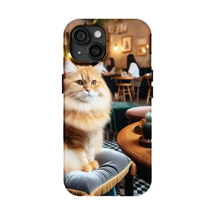 Fluffy Orange Cat Sitting In Cozy Cafe