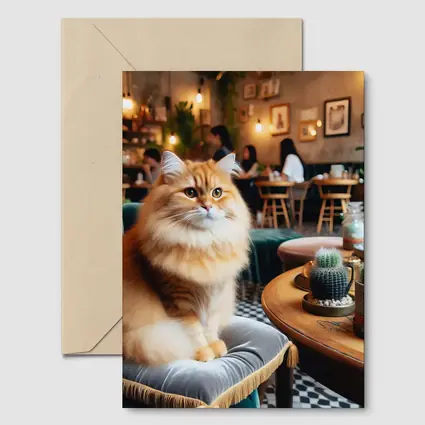 Fluffy Orange Cat Sitting In Cozy Cafe
